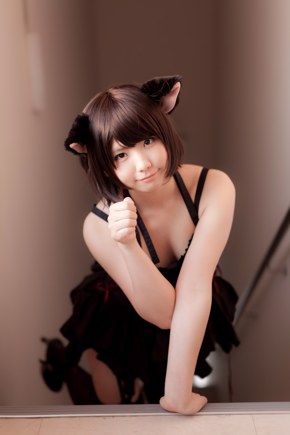 animal_ears asian black_hair breasts cosplay enako female long_hair solo