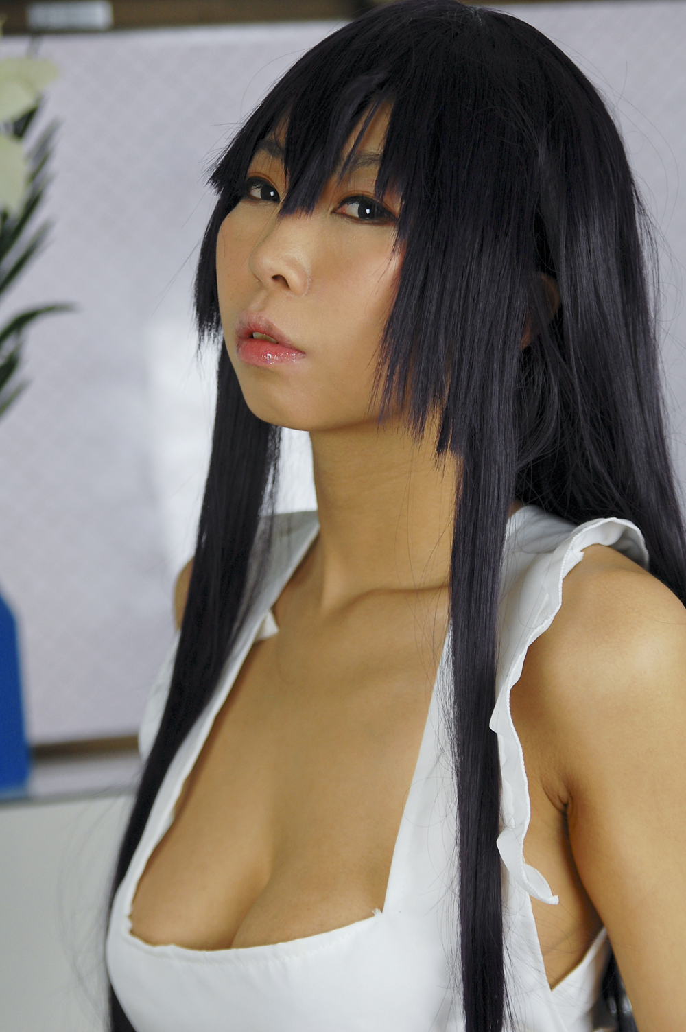 apron ashiya_noriko asian bangs breasts cosplay female long_hair looking_at_viewer purple_hair solo