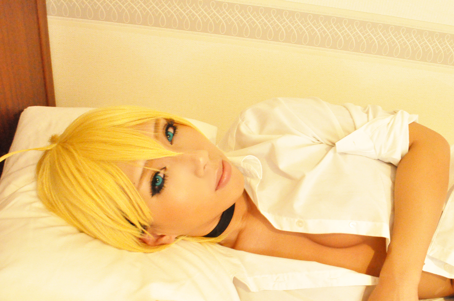 asian bed blonde_hair breasts collar female large_breasts nonsummerjack shirt short_hair solo