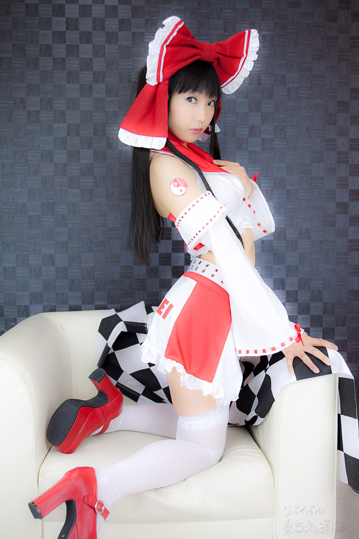 asian belt black_hair breasts cosplay female high_heels long_hair midriff shoes solo thighhighs