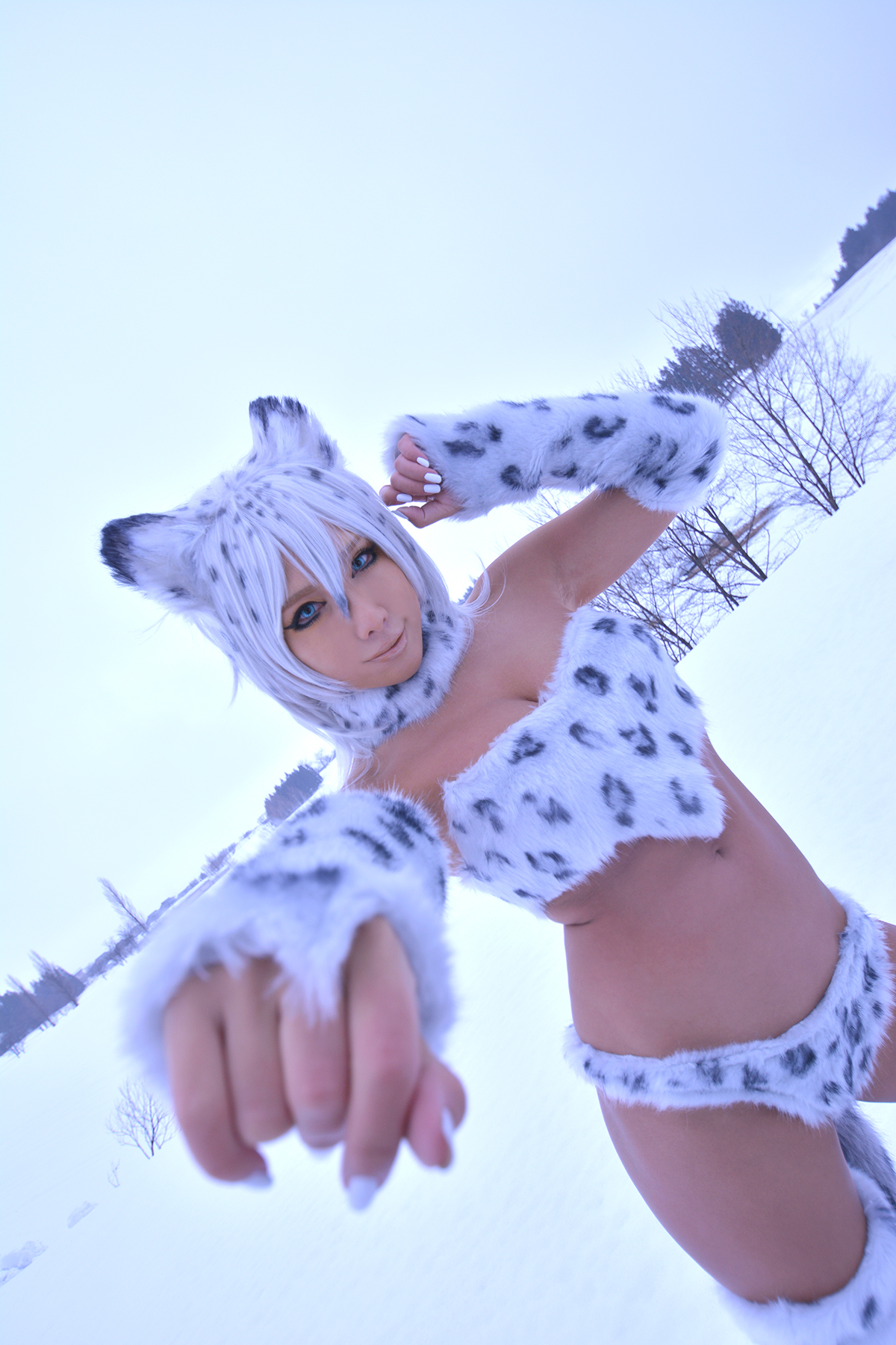 animal_ears asian boots bra breasts female gloves large_breasts long_hair midriff navel nonsummerjack outside panties purple_hair snow solo
