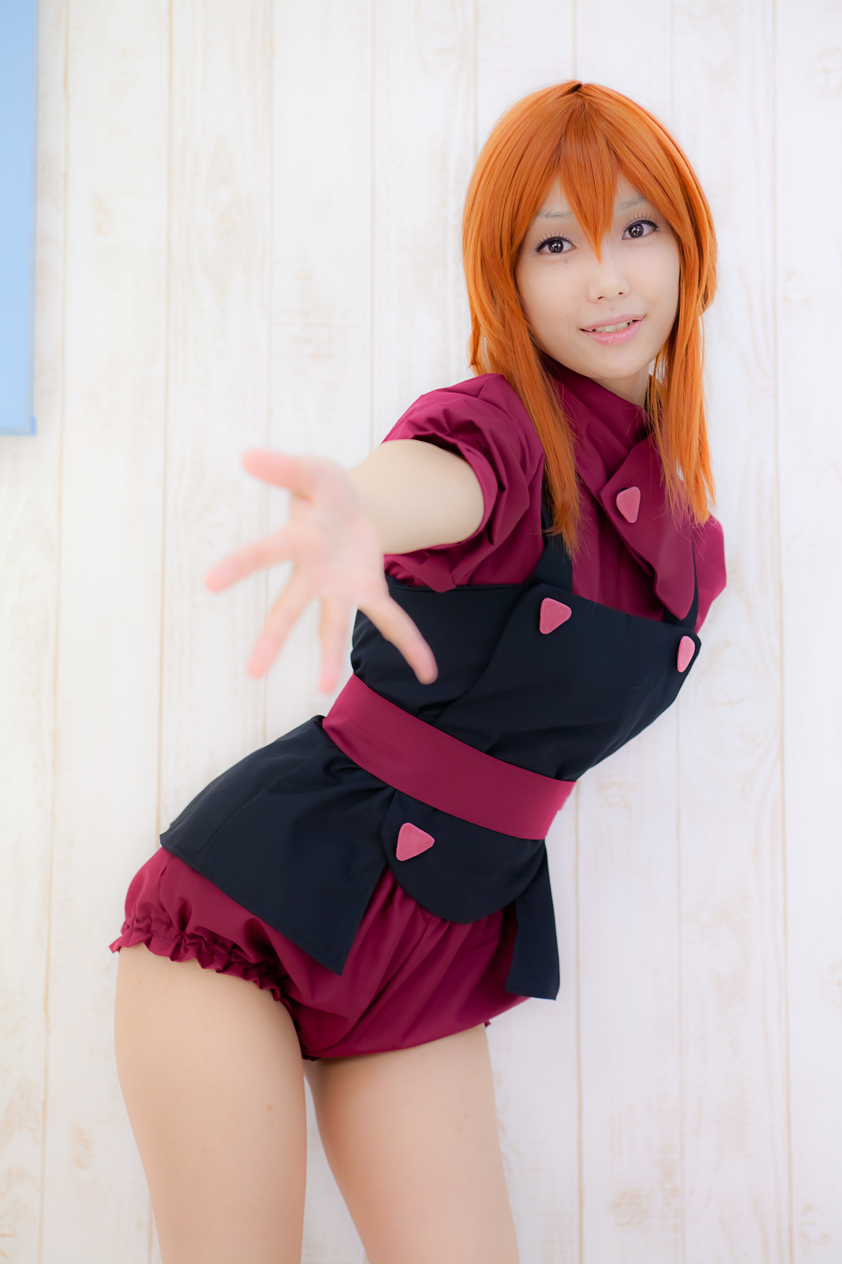 apron asian belt breasts cosplay female long_hair orange_hair sandals shoes solo