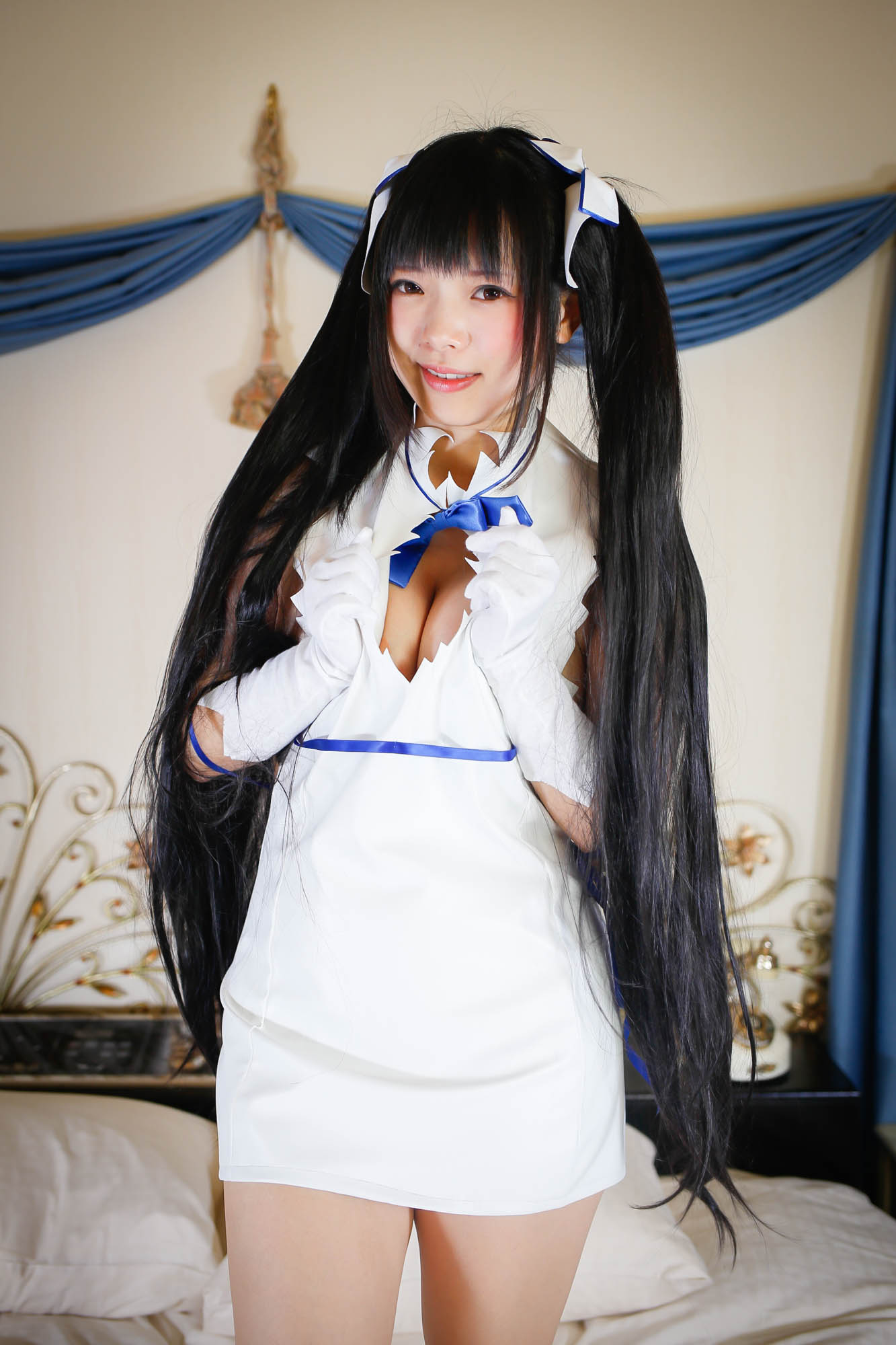 asian black_hair breasts cosplay female long_hair pigtails solo