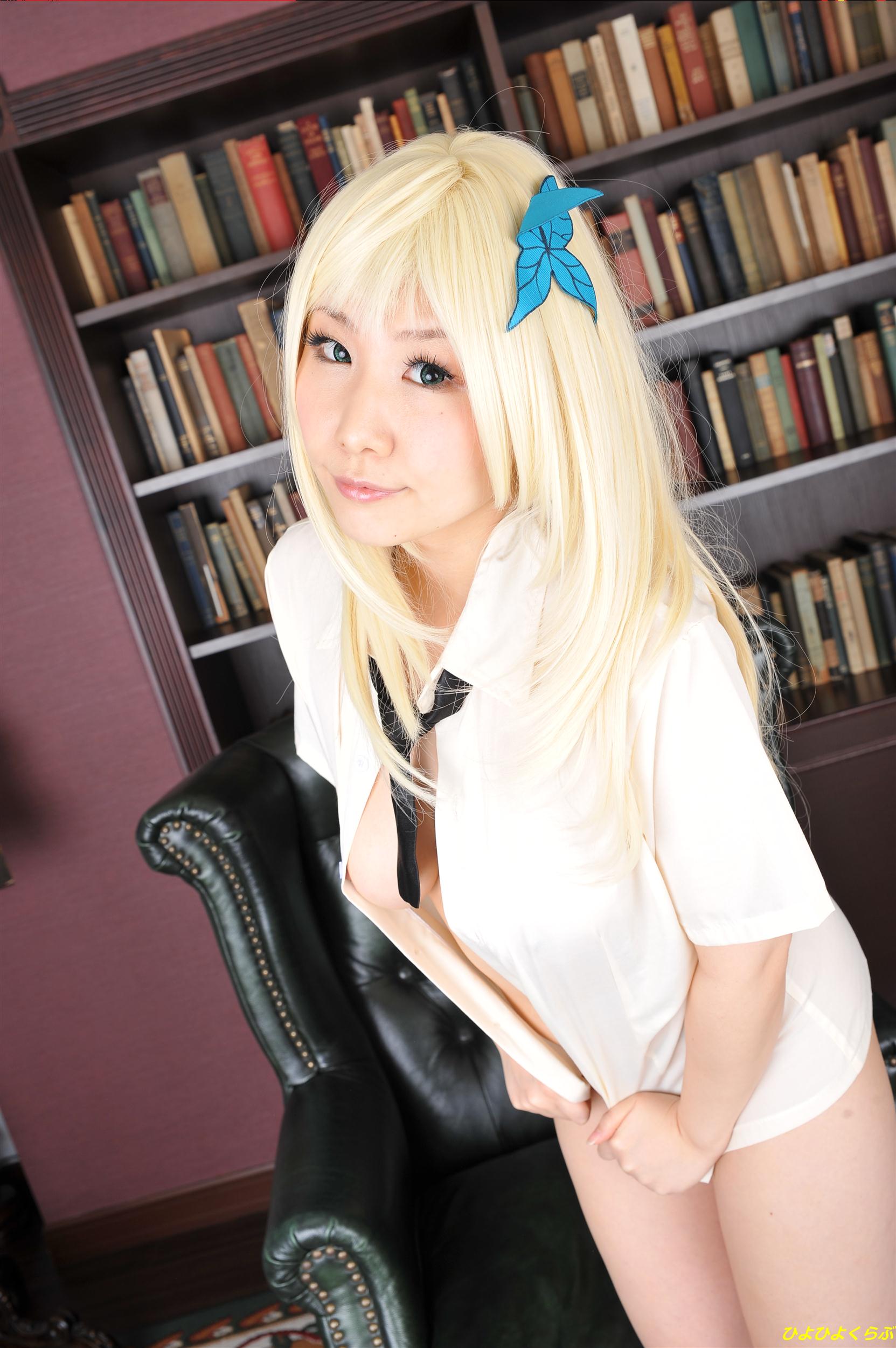 asian blonde_hair breasts cosplay female high_heels long_hair necktie shoes socks solo