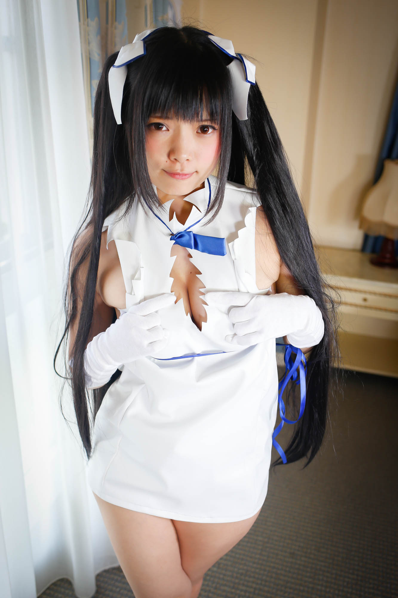 asian black_hair breasts cosplay female long_hair pigtails solo