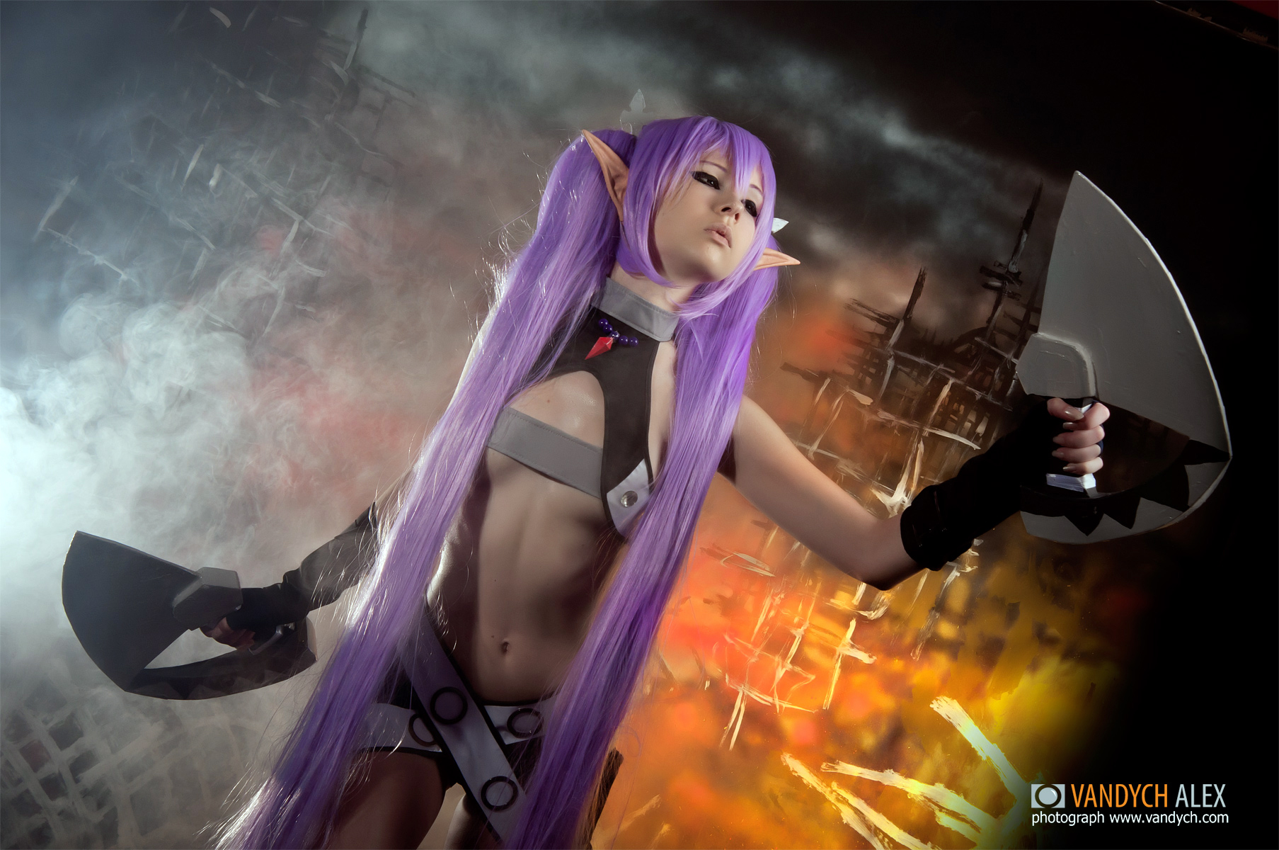 asian breasts cleavage female gloves high_heels hotpants long_hair midriff pigtails pointy_ears purple_hair shoes smoke socks solo very_long_hair