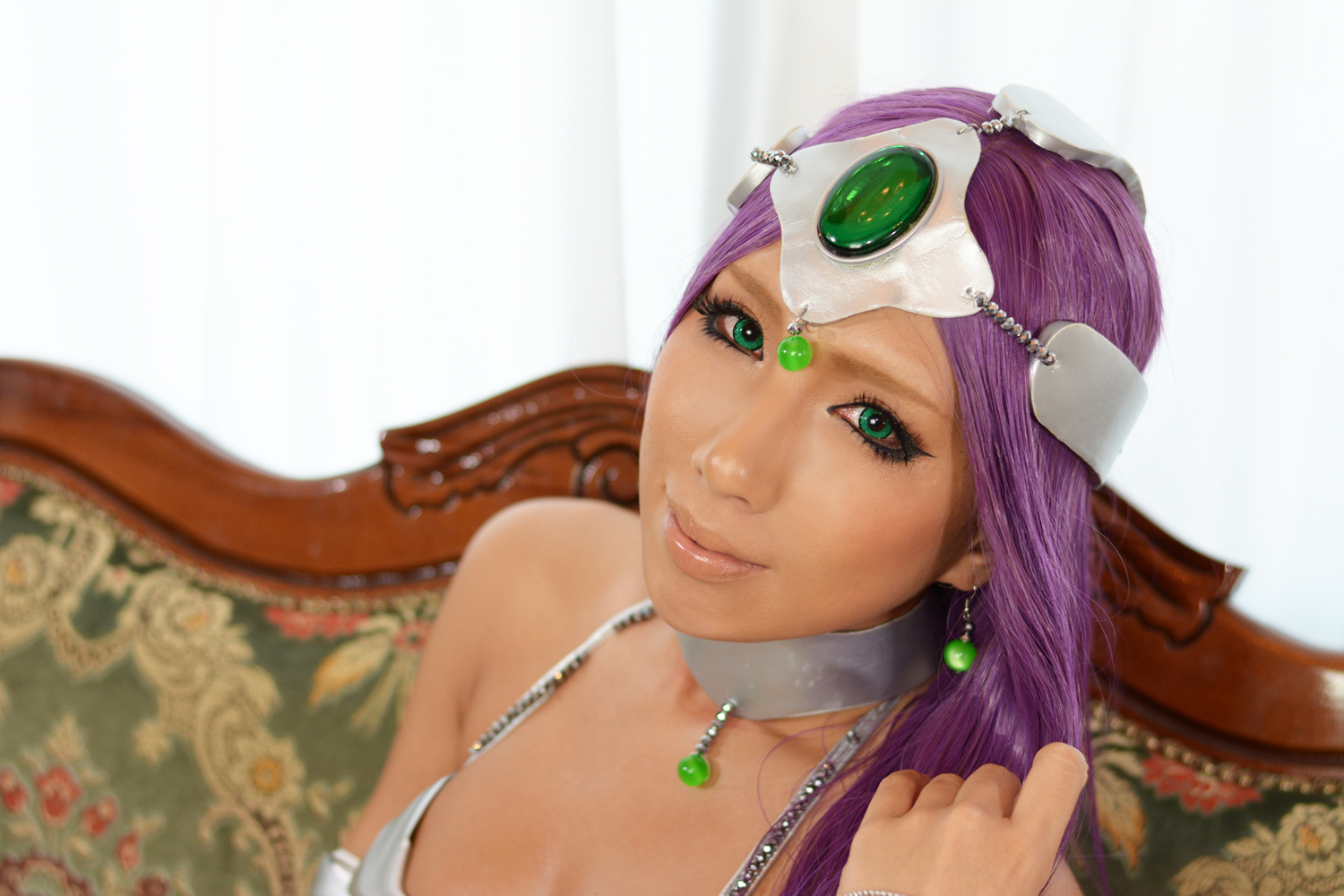 asian breasts cosplay female long_hair nonsummerjack purple_hair solo tiara watermark