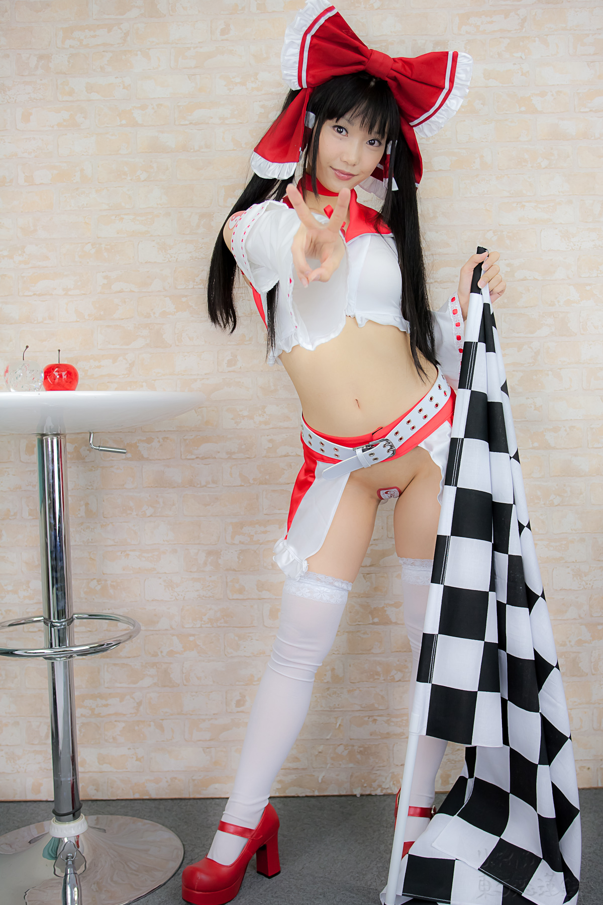 asian belt black_hair breasts cosplay female high_heels long_hair midriff shoes solo thighhighs