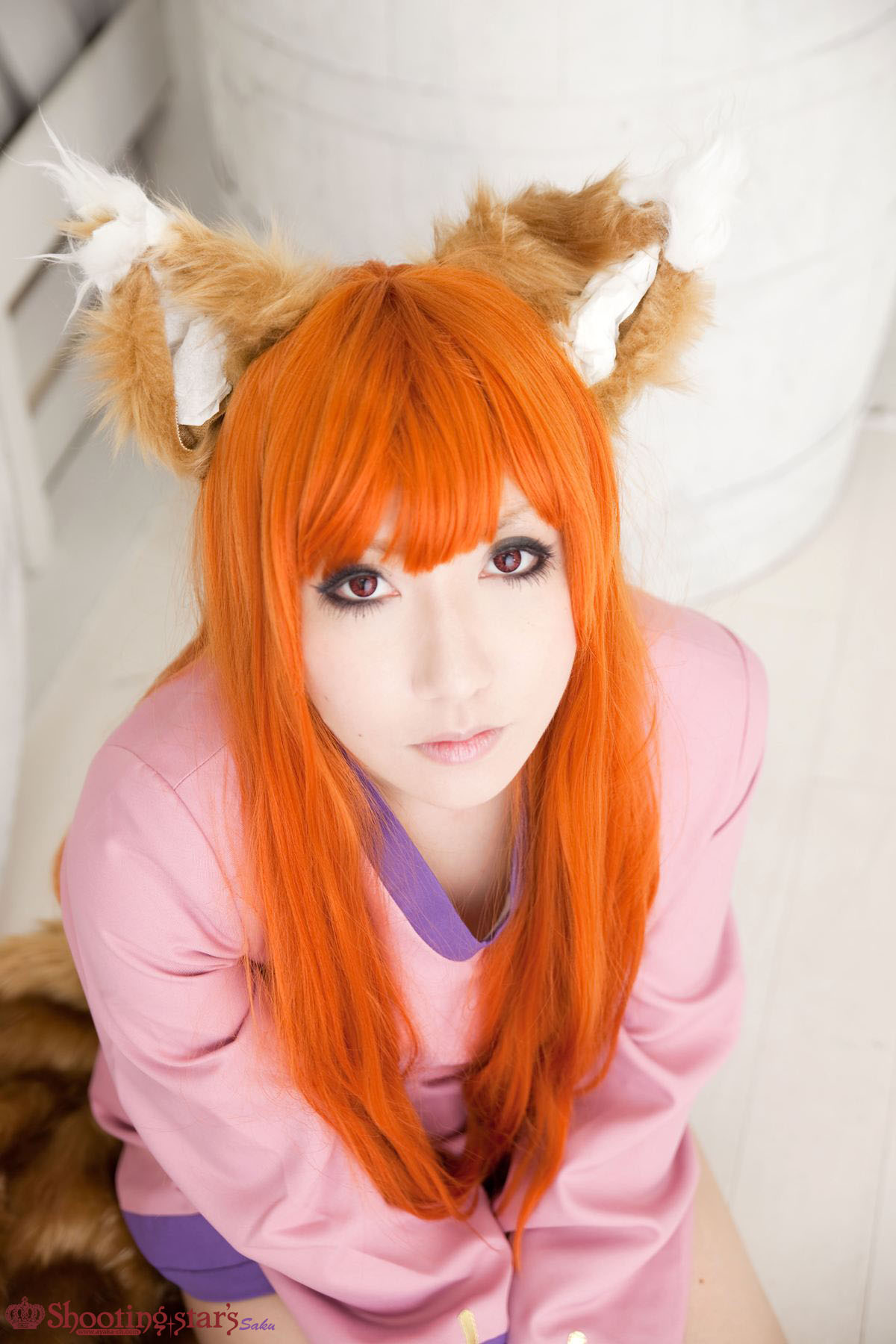 animal_ears asian breasts cosplay female long_hair orange_hair shooting_star solo watermark