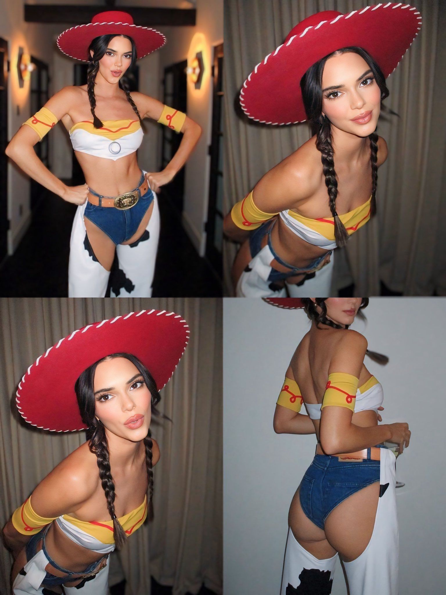 1girl armpits ass bare_shoulders celebrity chaps cleavage cosplay dark_hair denim_shorts female female_only hands_on_hips hat jessie_(toy_story) kendall_jenner looking_at_viewer midriff non-nude partially_clothed pursed_lips short_shorts solo tan_skin toy_story