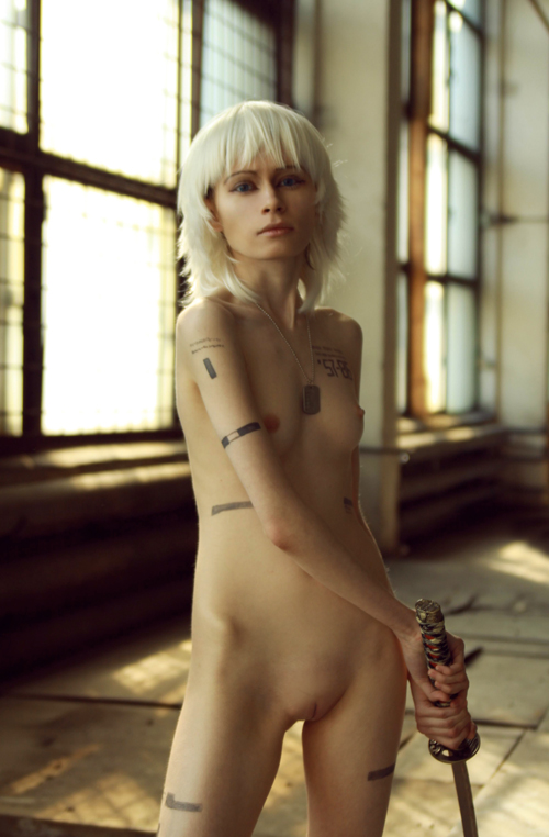 breasts color cosplay crossplay dog_tags exposed_breasts female female_only front_view indoors metal_gear metal_gear_solid nude nudity raiden rule_63 small_breasts solo standing sword tattoo thigh_gap uncensored vulva weapon white_hair