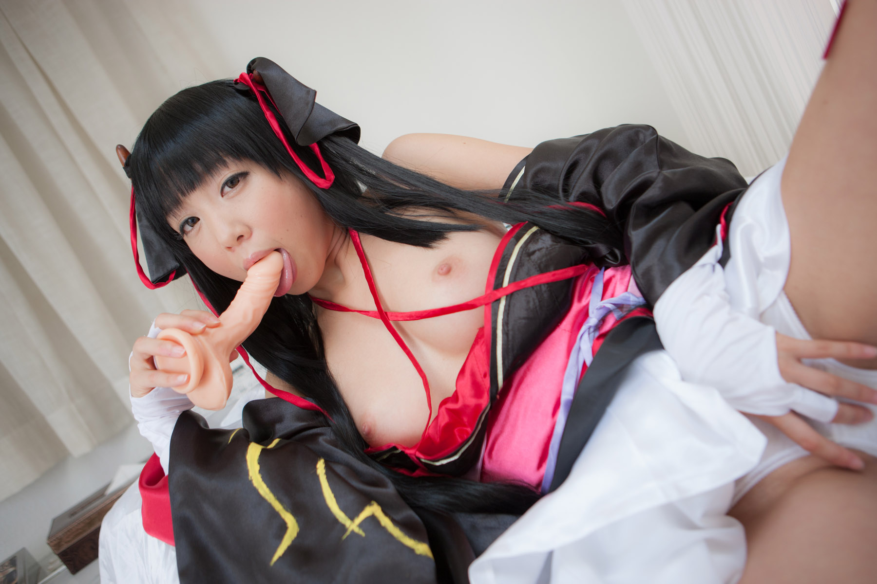 asian bare_shoulders black_hair breasts cosplay dildo dress erect_nipples female long_hair nipples panties shoes socks solo