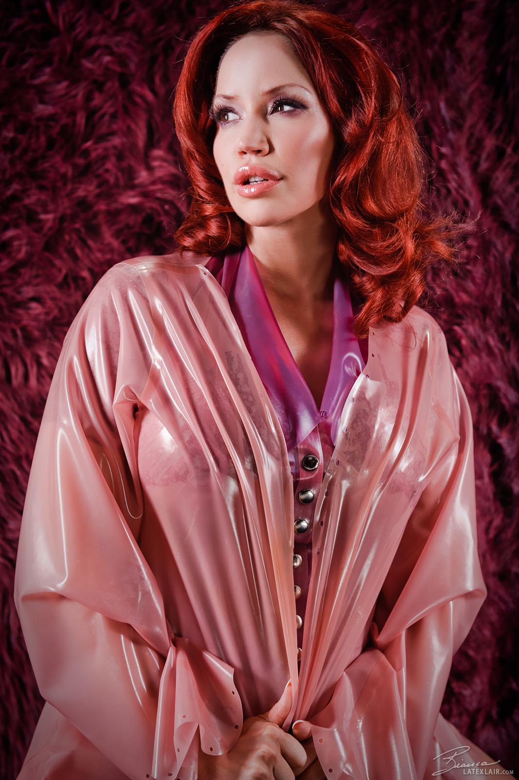 bianca_beauchamp boots bra breasts female high_heels jacket large_breasts latex long_hair red_hair see-through skirt solo watermark