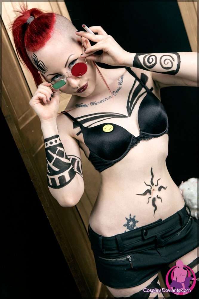 breasts cosplay female glasses long_hair porphyria red_hair solo tattoo watermark