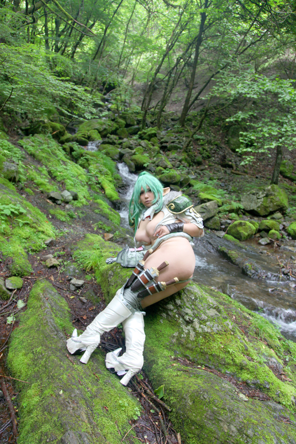 ass breasts chouzuki_maryou cosplay female green_hair huge_ass huge_breasts long_hair looking_back pointy_ears snake solo watermark
