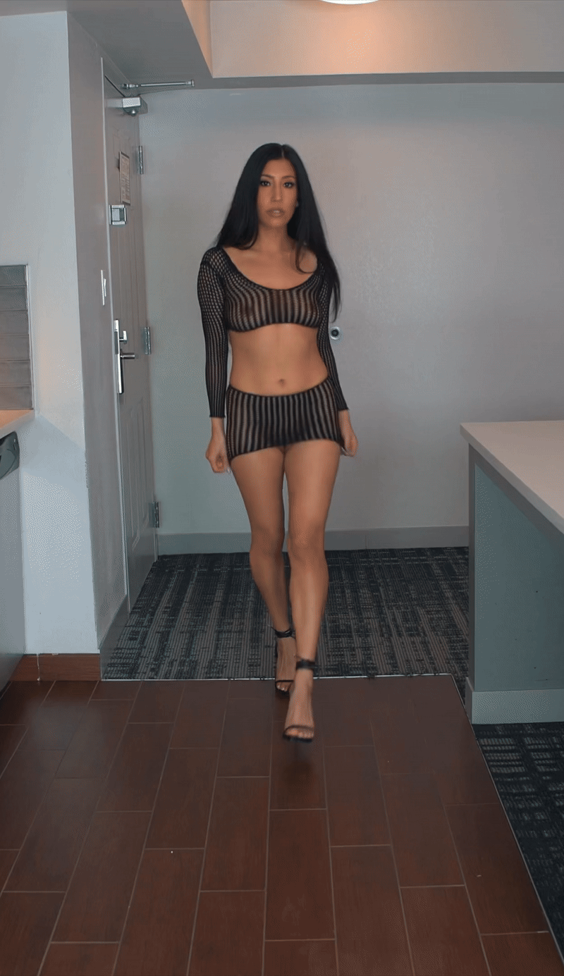 animated black_miniskirt black_skirt emotionless emotionless_female gif heavenly_body high_heels indifferent jiggling_breasts mature_female miniskirt petite see-through_skirt short_skirt skirt solo strut strutting unbothered