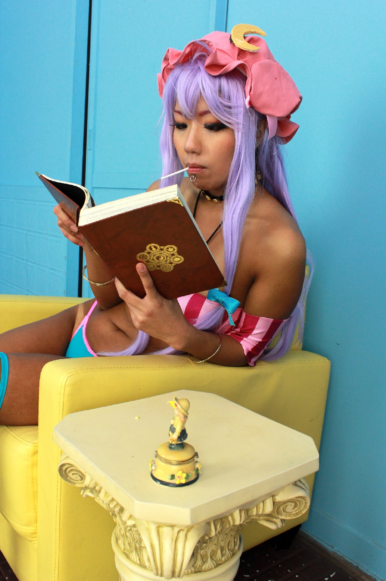 asian breasts cosplay female long_hair purple_hair solo tan tanline