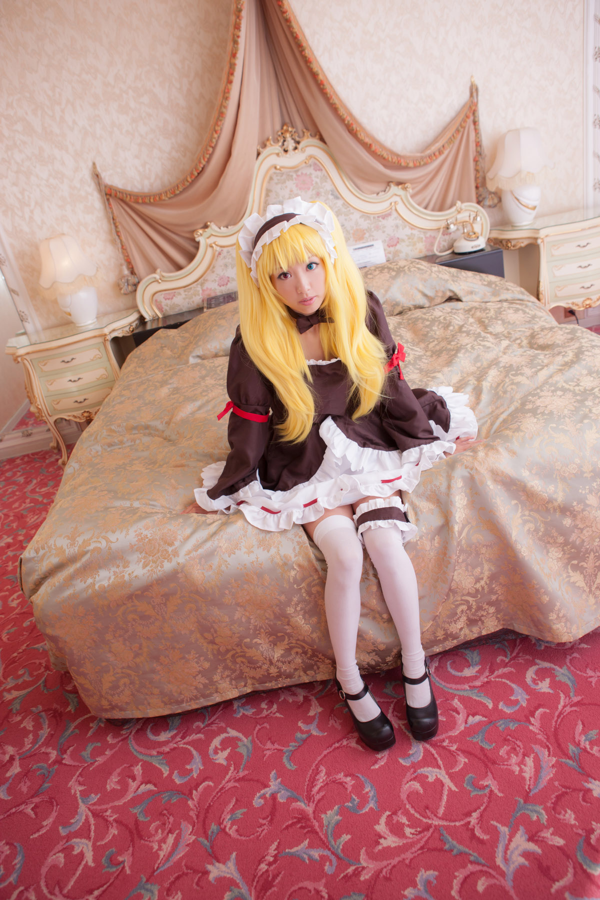 asian blonde_hair breasts cosplay dress female high_heels large_breasts long_hair shoes solo thighhighs twintails