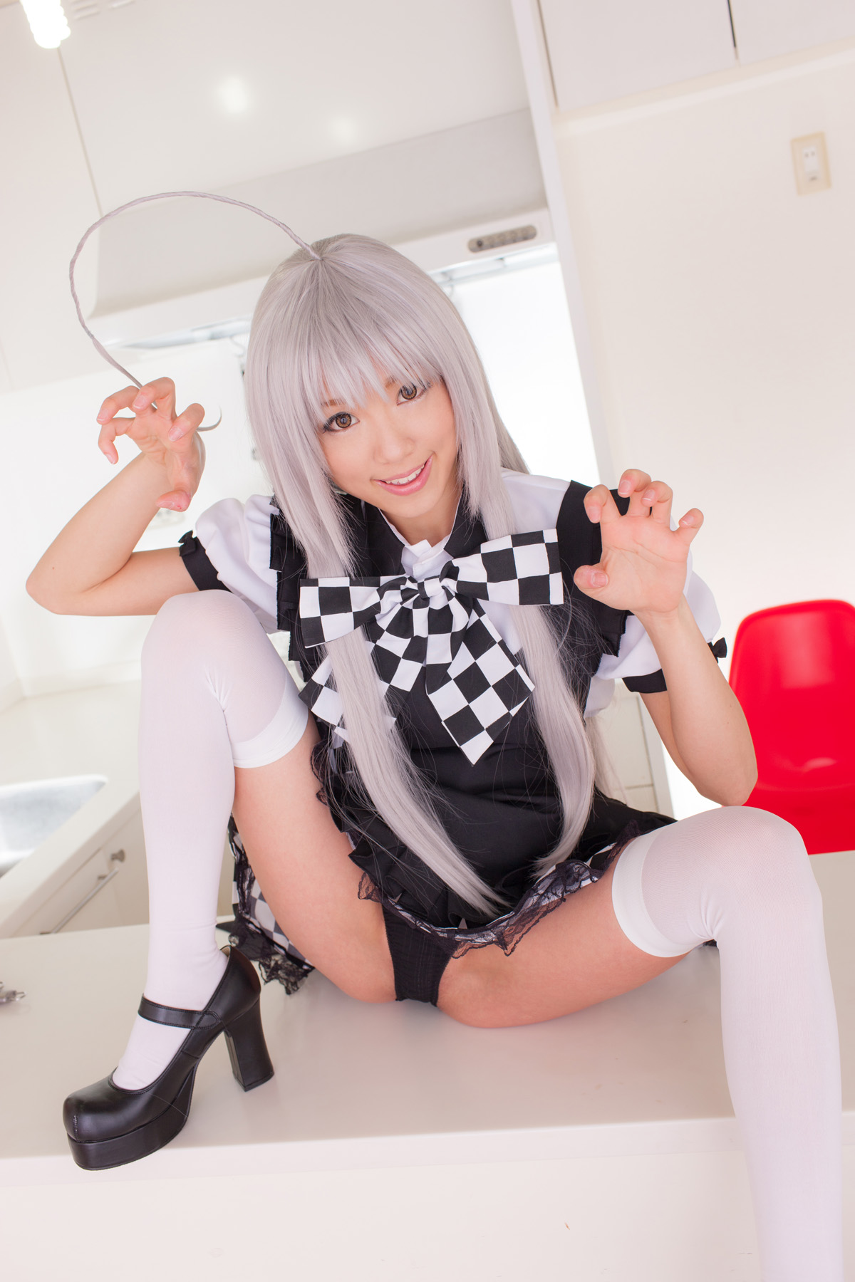 apron asian breasts cosplay female grey_hair high_heels long_hair panties shoes skirt solo thighhighs