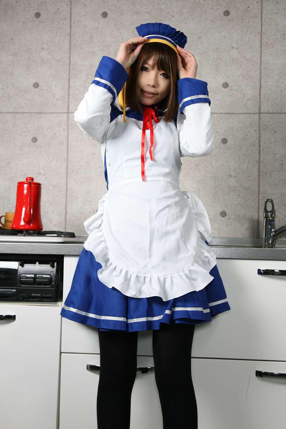 apron asian breasts brown_hair cosplay female hairband kitchen shoes short_hair skirt solo thighhighs