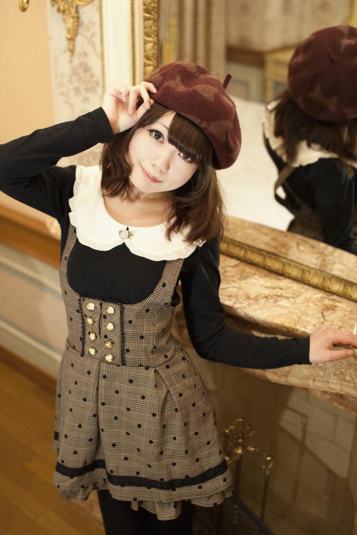 asian breasts brown_hair cosplay female hat long_hair mirror shizuku solo