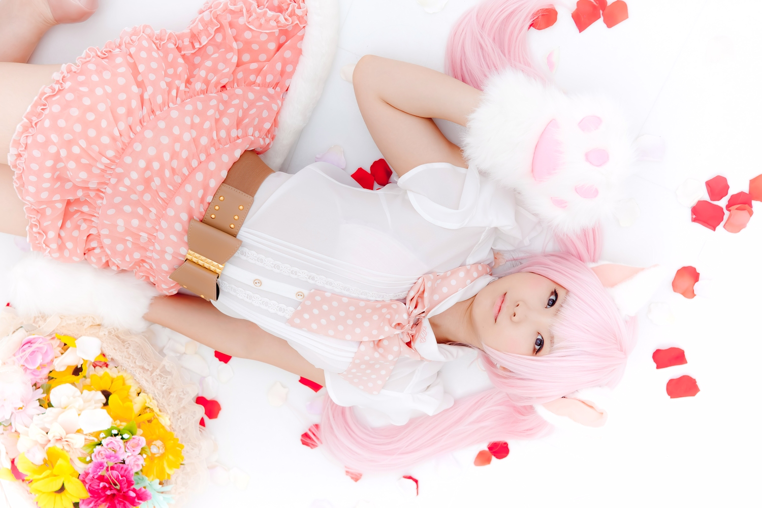 animal_ears asian breasts cosplay enako female long_hair pink_hair solo