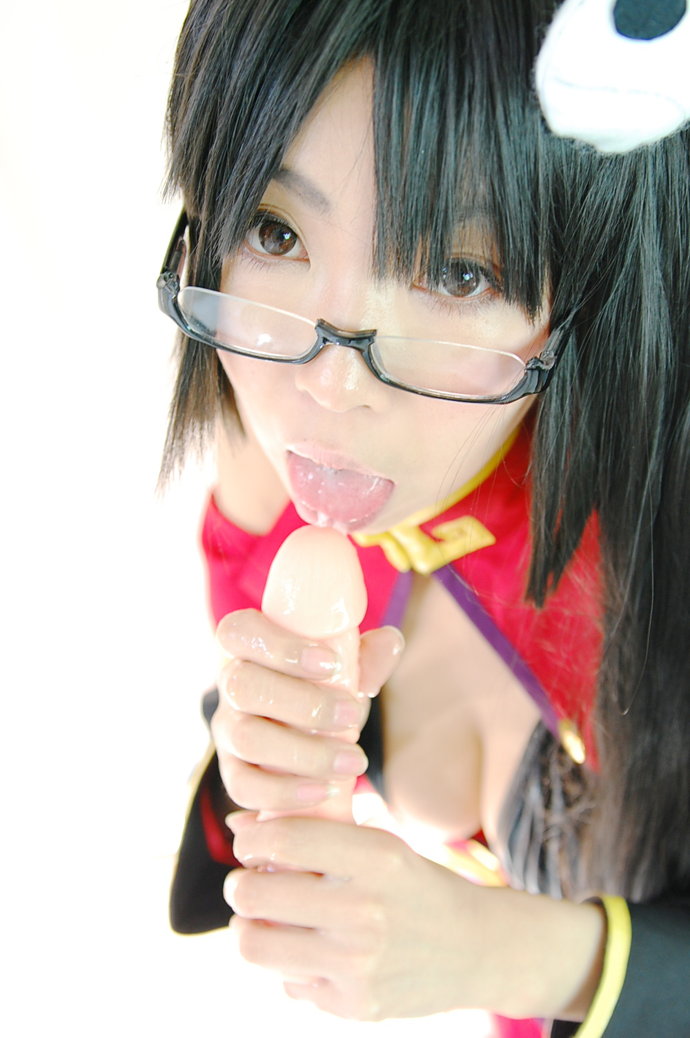 ashiya_noriko asian black_hair breasts cleavage dildo female glasses high_heels large_breasts long_hair open_mouth saliva shoes solo tongue