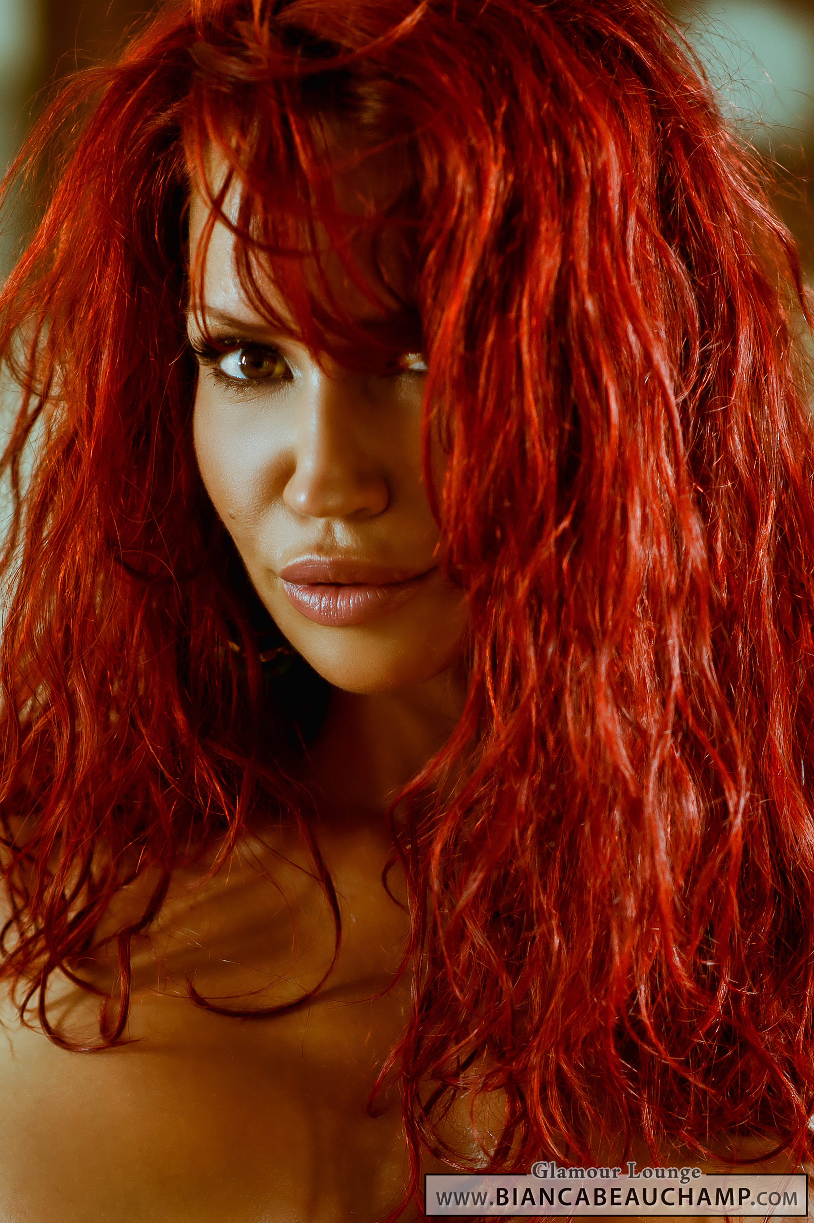 bianca_beauchamp breasts earrings female large_breasts long_hair nude red_hair solo watermark