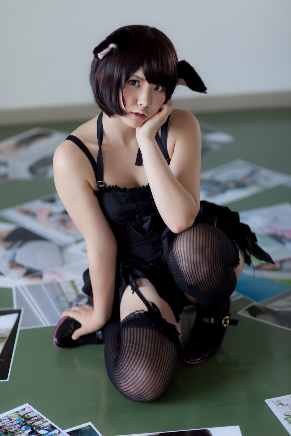 animal_ears asian black_hair breasts cosplay enako female long_hair solo