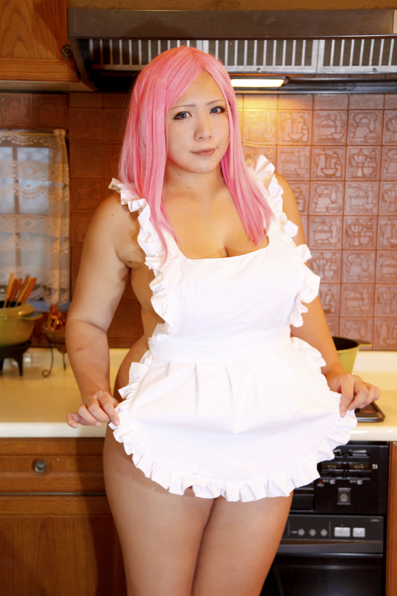 apron asian breasts chouzuki_maryou cosplay female huge_breasts kitchen long_hair nude_apron pink_hair solo