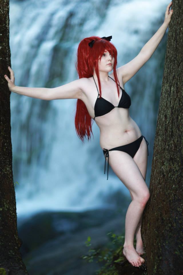 1girl bikini breasts cosplay erza_scarlet fairy_tail female foxycosplay long_hair navel outside red_hair solo standing tagme
