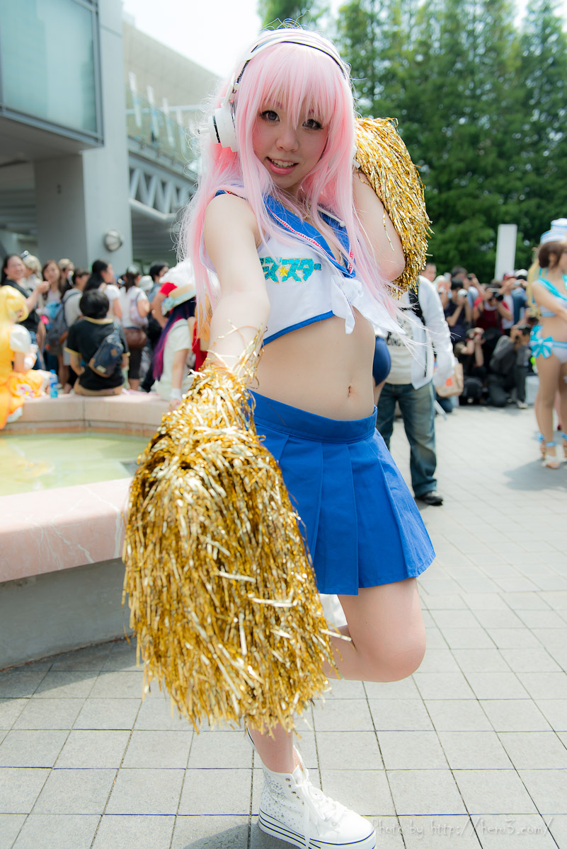 asian breasts cosplay female headphones long_hair midriff navel outside pink_hair solo watermark