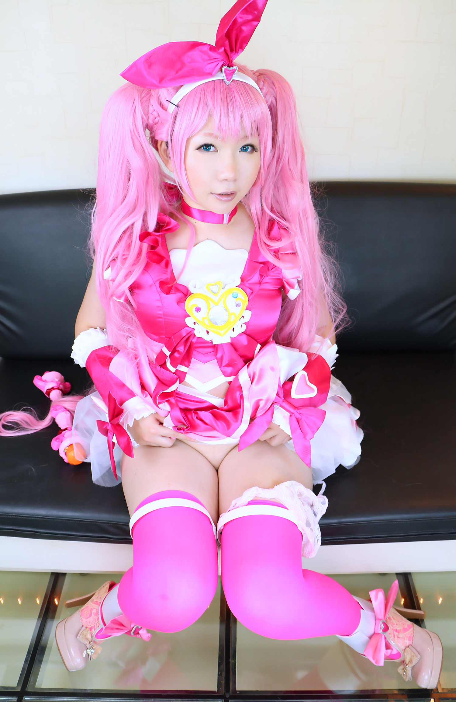 asian breasts cosplay female high_heels long_hair midriff pink_hair shoes skirt solo thighhighs twintails