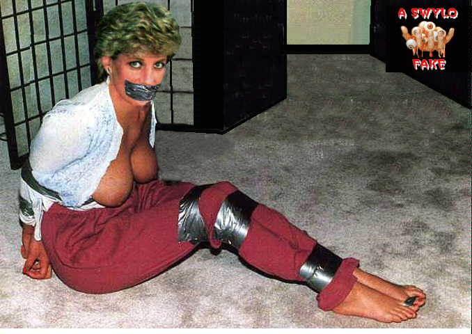 arms_behind_back bondage bound_ankles bound_arms bound_legs breasts breasts_out fakes open_clothes open_shirt princess_diana tape tape_bondage tape_gag taped_ankles taped_arms taped_legs taped_mouth