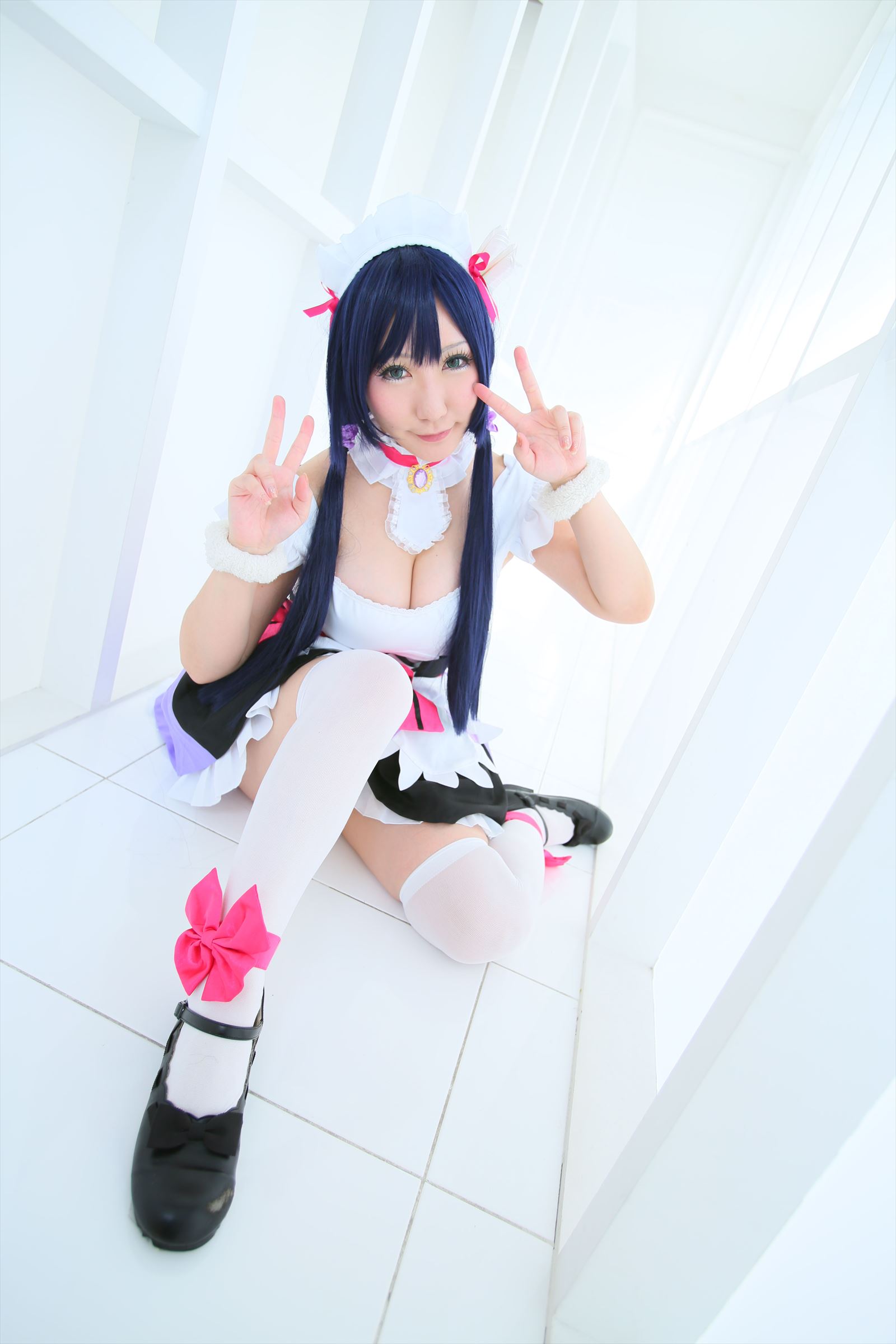 asian black_hair breasts cosplay dress female high_heels long_hair maid shoes shooting_star socks solo watermark