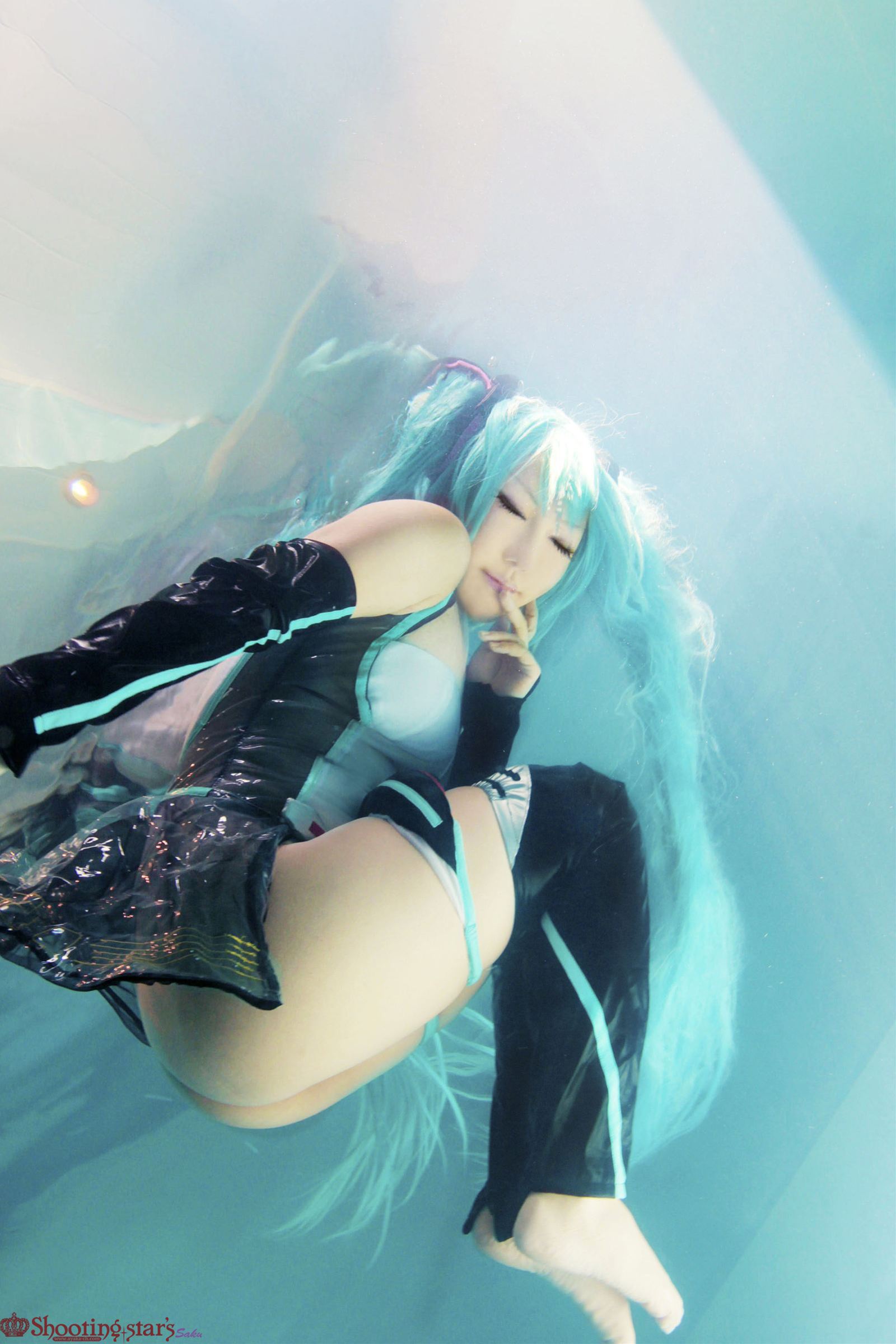 aqua_hair asian breasts cosplay elbow_gloves female gloves long_hair pigtails shooting_star solo watermark