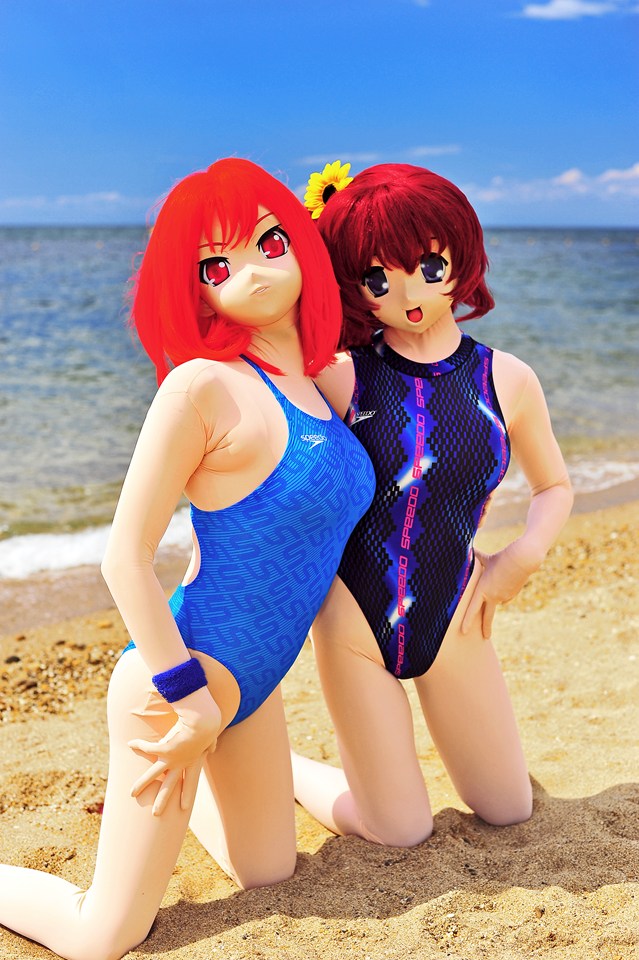 beach breasts female kigurumi kneeling long_hair multiple_girls red_hair sand swimsuit water