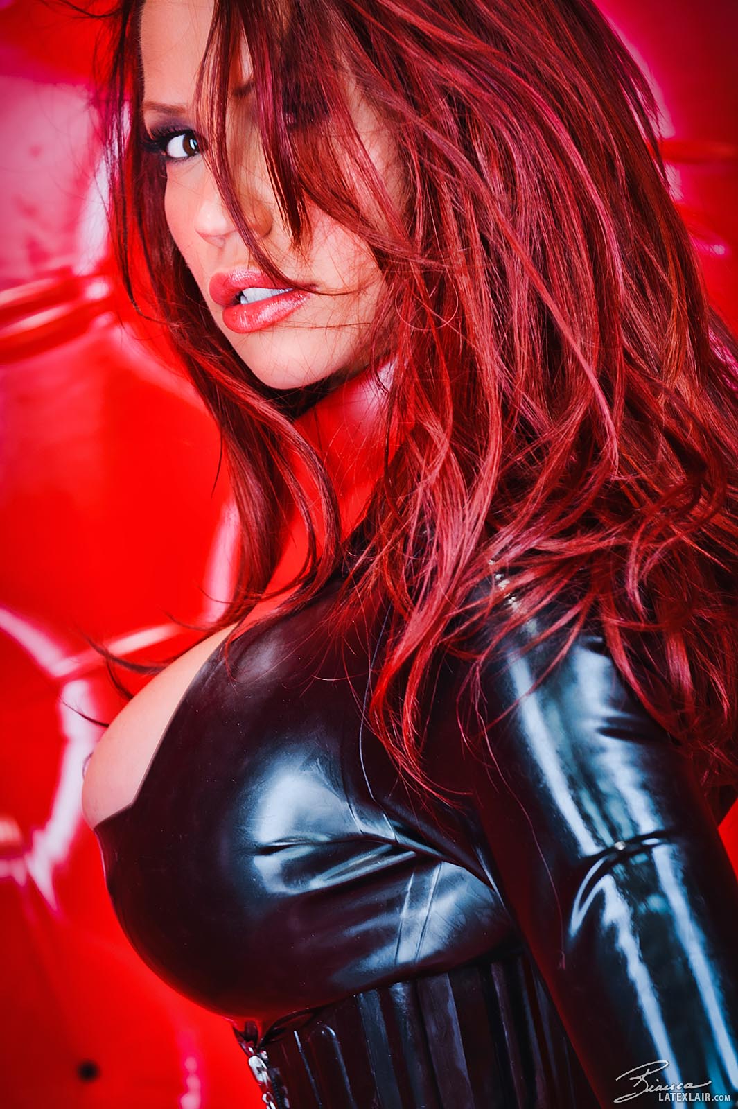 bianca_beauchamp breasts catsuit cleavage corset female gloves high_heels large_breasts latex lipstick long_hair red_hair shoes skirt solo watermark