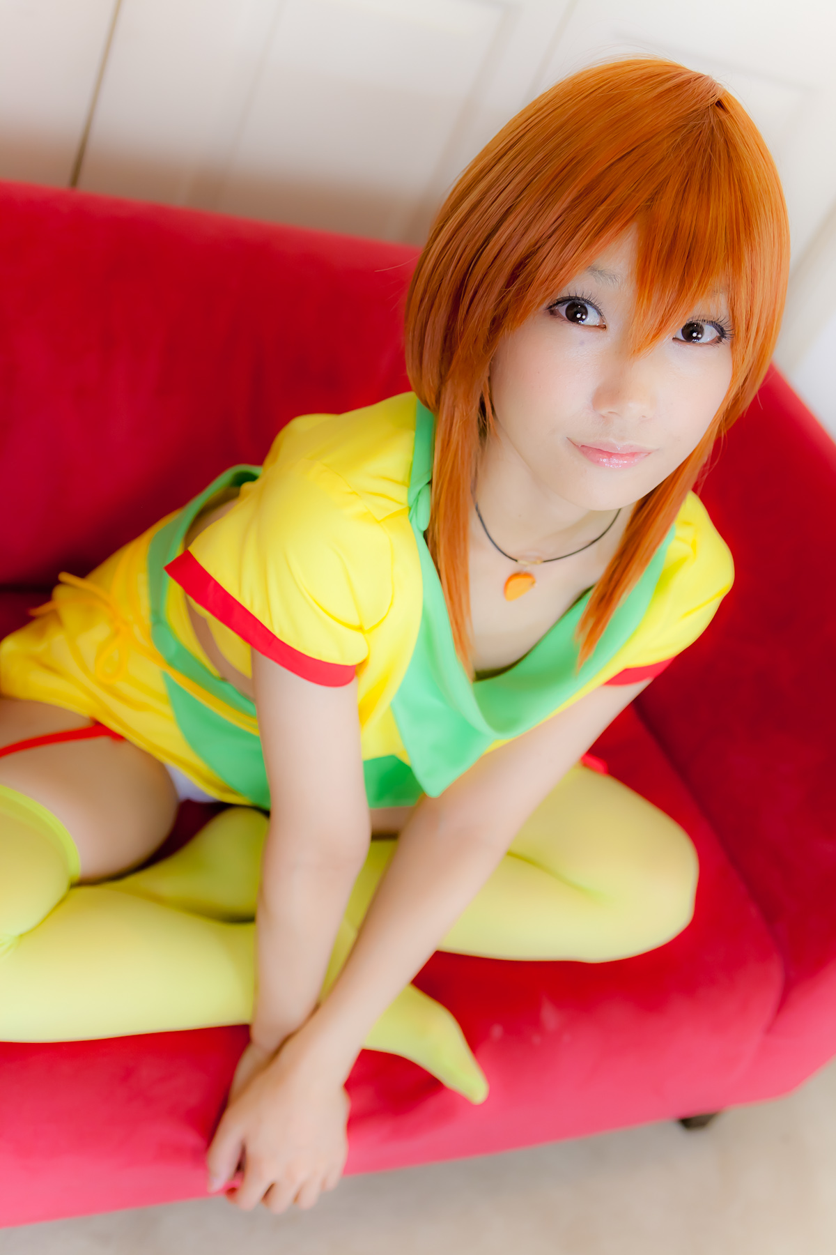 asian breasts cosplay female garter_belt long_hair midriff necklace orange_hair panties skirt solo thighhighs