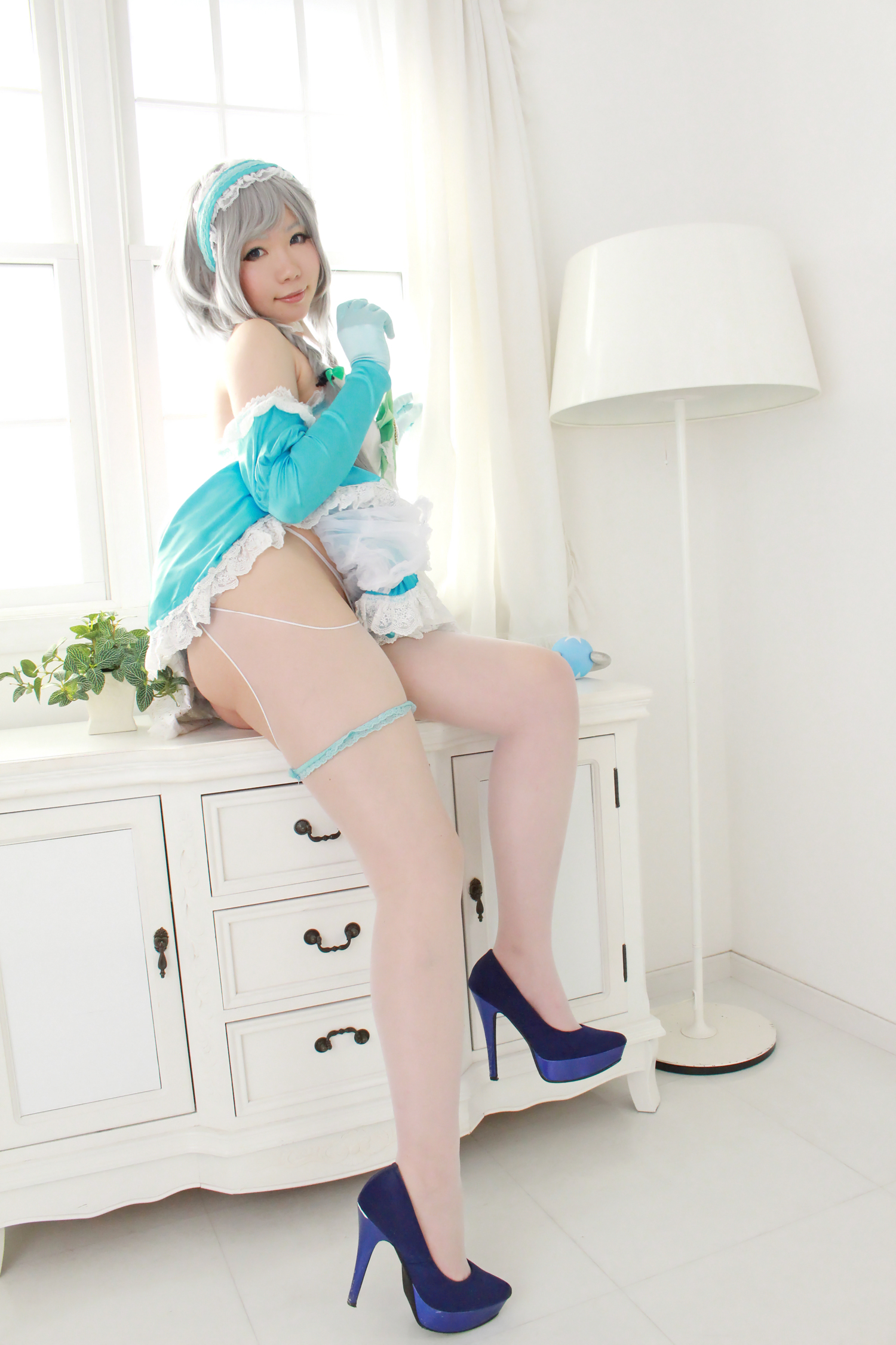 asian breasts cosplay dress female gloves gray_hair high_heels long_hair shoes solo thighhighs