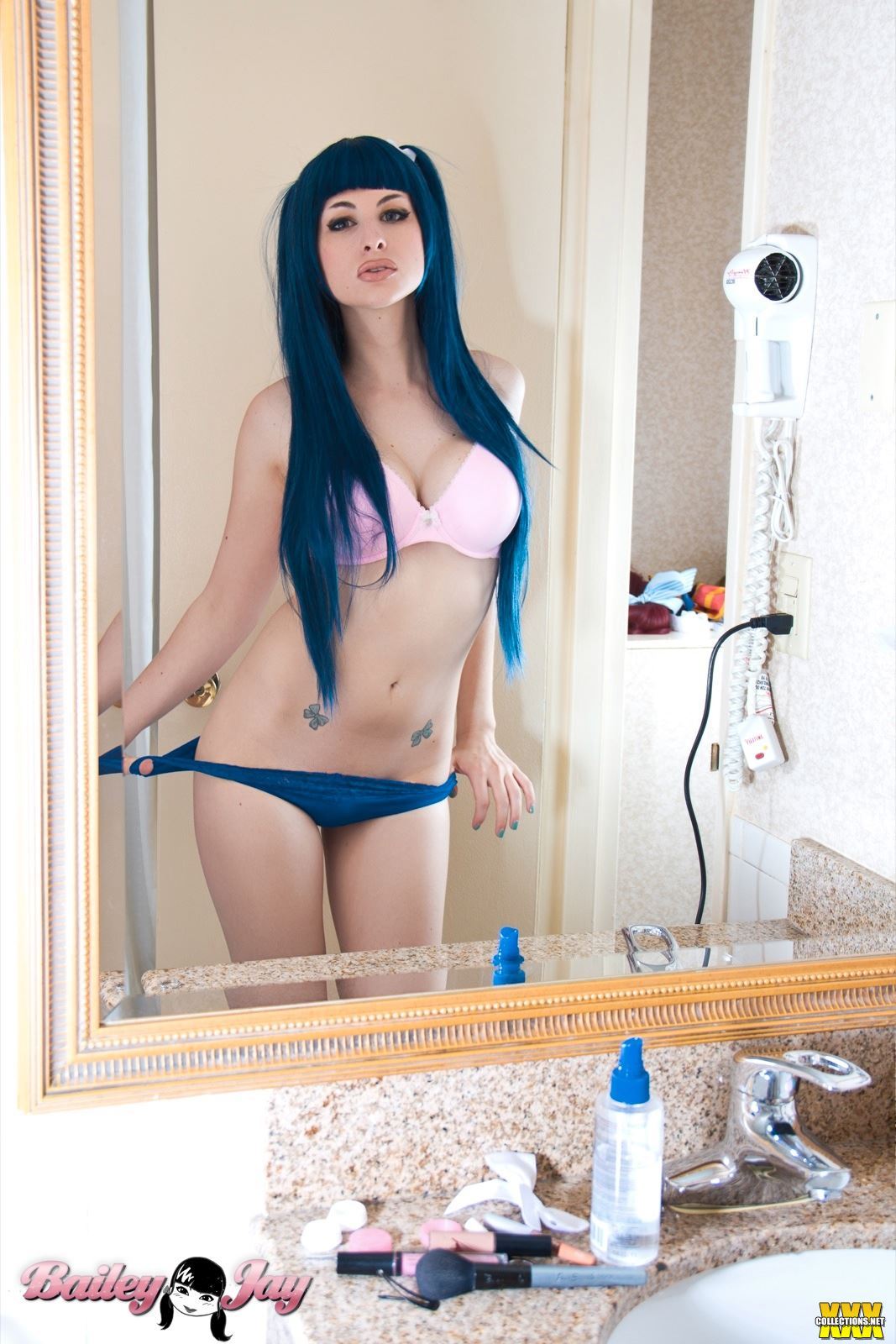 bailey_jay bathroom blue_hair breasts large_breasts long_hair mirror panties shemale solo tattoo watermark