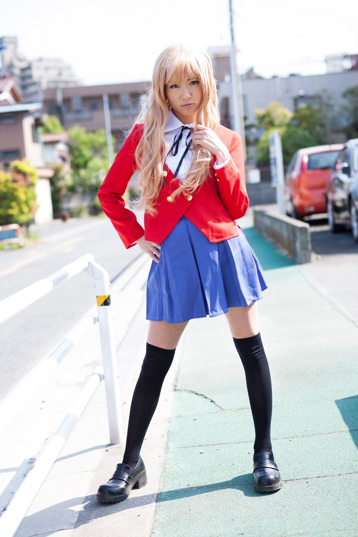 1girl asian blonde_hair breasts cosplay female high_heels long_hair outside shoes skirt socks solo toradora!