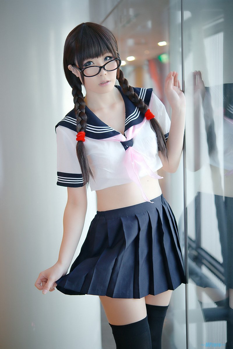 asian black_hair breasts cosplay female glasses haruka long_hair solo