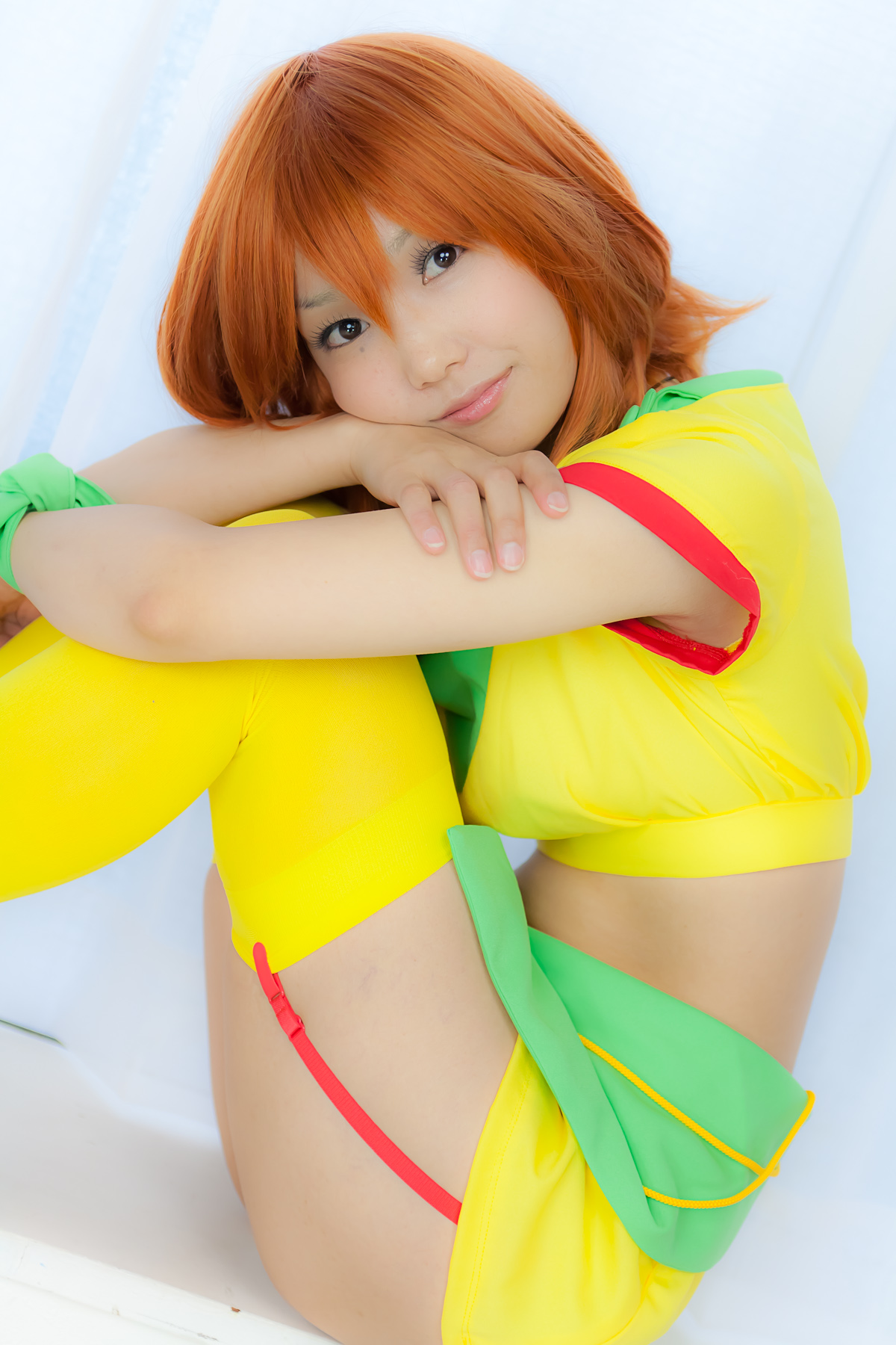 asian breasts cosplay female garter_belt long_hair midriff necklace orange_hair panties skirt solo thighhighs