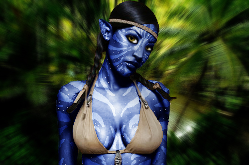 1_alien 1_female 1_girl alien avatar black_hair bra breasts cosplay female female_alien female_human female_na'vi forest human james_cameron's_avatar long_hair looking_at_viewer na'vi photo photo_manipulation real_person solo standing yellow_eyes