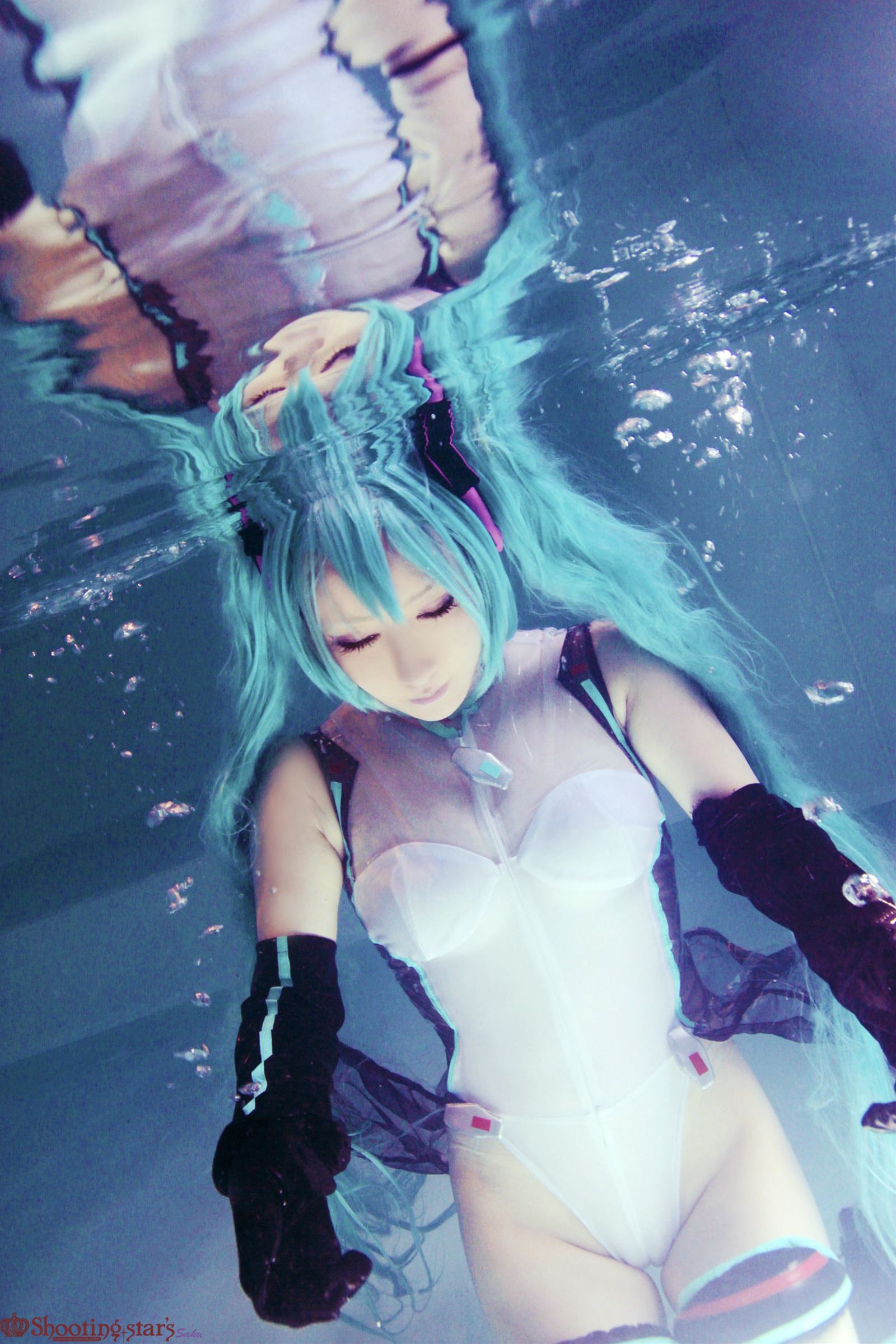 aqua_hair asian breasts cosplay elbow_gloves female gloves long_hair pigtails shooting_star solo watermark