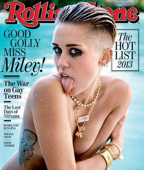 2013 blonde_hair blue_eyes magazine magazine_cover miley_cyrus october photo rolling_stone short_hair tattoos tongue topless