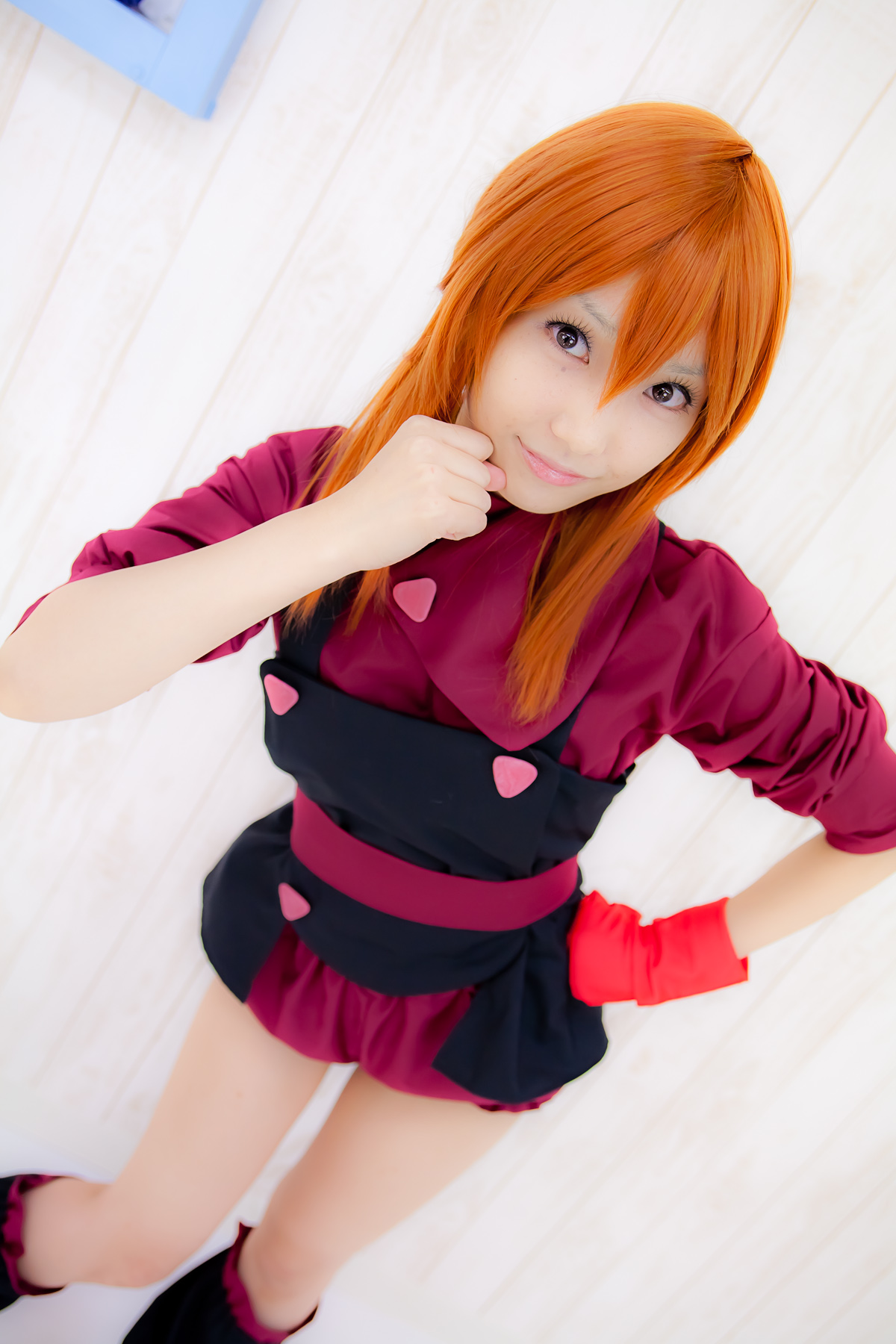 apron asian belt breasts cosplay female long_hair orange_hair sandals shoes solo