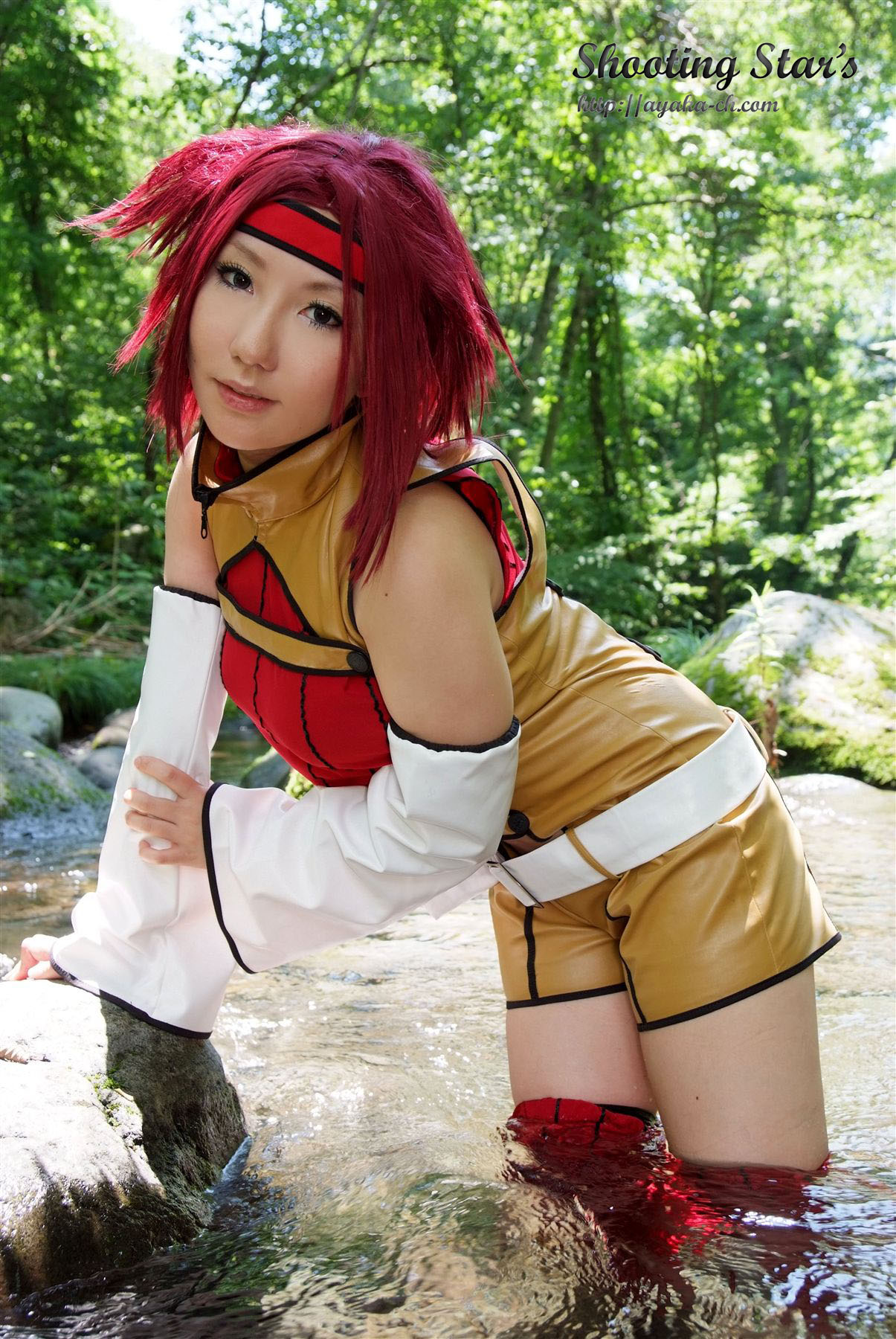 asian belt breasts cosplay female headband high_heels large_breasts long_hair red_hair shoes shooting_star solo watermark