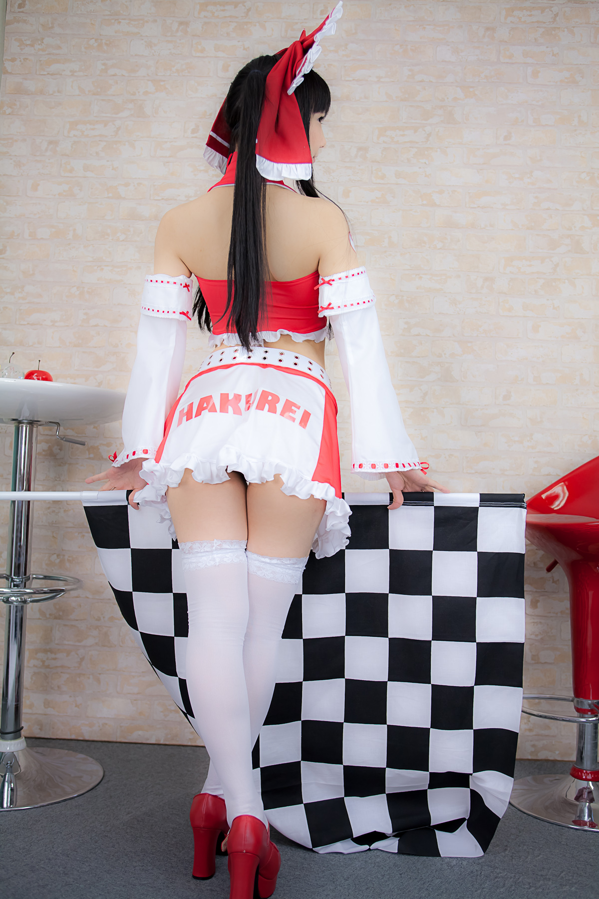 asian belt black_hair breasts cosplay female high_heels long_hair midriff shoes solo thighhighs